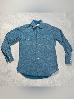 ELY Cattleman Mens Medium Blue Paisley Pearl Snap Western Cowboy Shirt